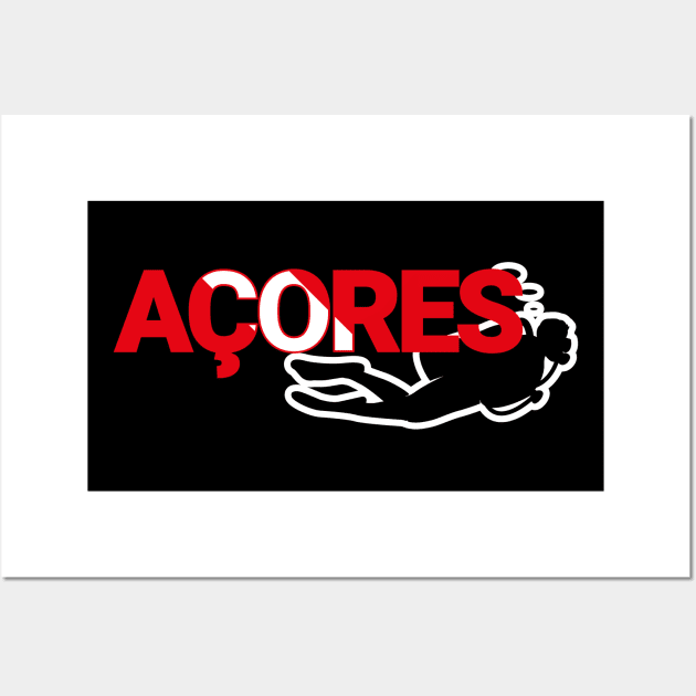 The word Acores filled with the diving flag colours and a scuba diver Wall Art by Donaby